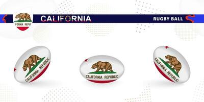 Rugby ball set with the flag of California in various angles on abstract background. vector