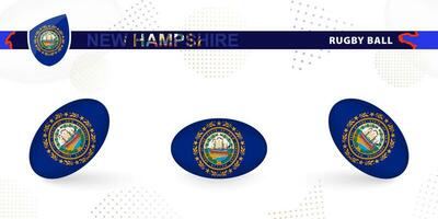 Rugby ball set with the flag of New Hampshire in various angles on abstract background. vector