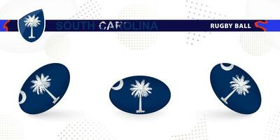 Rugby ball set with the flag of South Carolina in various angles on abstract background. vector