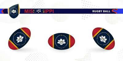 Rugby ball set with the flag of Mississippi in various angles on abstract background. vector