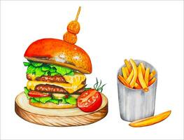 Fresh tasty burger with french fries. Watercolor vector