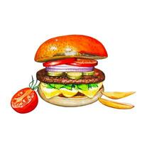Hand drawn burger with rustic potatoes and tomato, watercolor vector