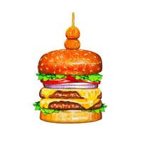 Fresh tasty burger. Watercolor hand drawn illustration vector