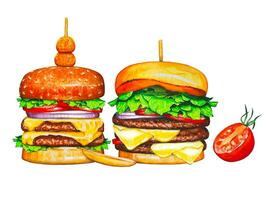 Fresh tasty burgers with tomato. Watercolor vector