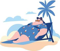 Hand Drawn overweight Tourists relaxing by the sea on vacation in flat style vector