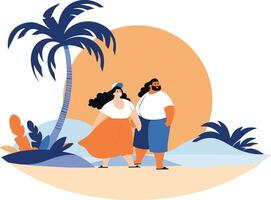 Hand Drawn overweight Tourists relaxing by the sea on vacation in flat style vector