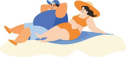 Hand Drawn overweight Tourists relaxing by the sea on vacation in flat style vector