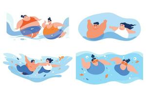 Hand Drawn overweight tourists swimming in the sea in flat style vector