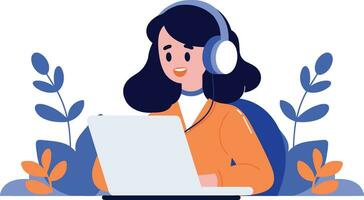 Hand Drawn Office worker with headphones in concept Support Center in flat style vector