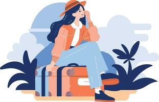 Hand Drawn Tourists relaxing by the sea on vacation in flat style vector