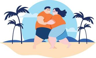 Hand Drawn overweight Tourists relaxing by the sea on vacation in flat style vector