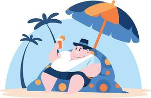 Hand Drawn overweight Tourists relaxing by the sea on vacation in flat style vector