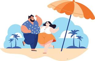 Hand Drawn overweight Tourists relaxing by the sea on vacation in flat style vector