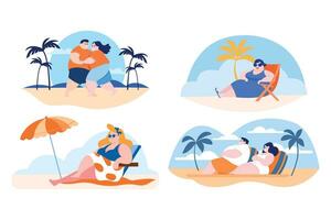 Hand Drawn overweight Tourists relaxing by the sea on vacation in flat style vector