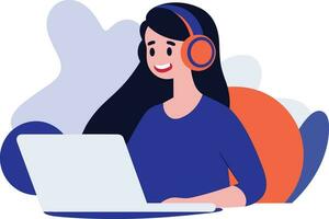Hand Drawn Office worker with headphones in concept Support Center in flat style vector