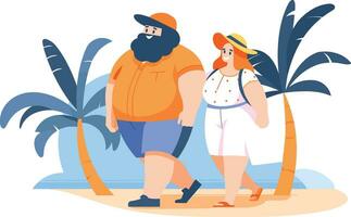 Hand Drawn overweight Tourists relaxing by the sea on vacation in flat style vector