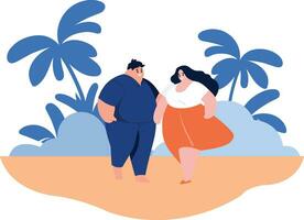 Hand Drawn overweight Tourists relaxing by the sea on vacation in flat style vector