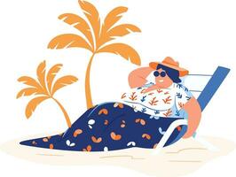 Hand Drawn overweight Tourists relaxing by the sea on vacation in flat style vector