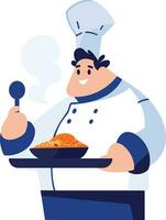 Hand Drawn Overweight chef cooking in the kitchen in flat style vector