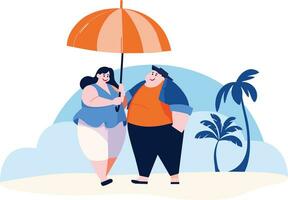 Hand Drawn overweight Tourists relaxing by the sea on vacation in flat style vector