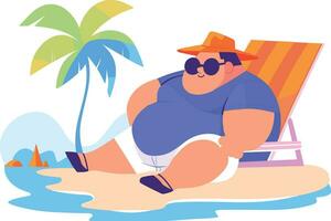 Hand Drawn overweight Tourists relaxing by the sea on vacation in flat style vector