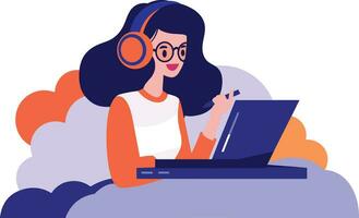 Hand Drawn Office worker with headphones in concept Support Center in flat style vector