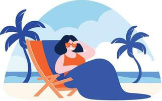 Hand Drawn overweight Tourists relaxing by the sea on vacation in flat style vector