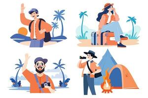 Hand Drawn Tourists relaxing by the sea on vacation in flat style vector