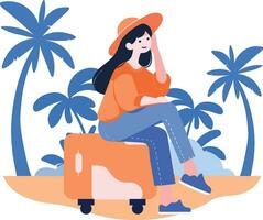 Hand Drawn Tourists relaxing by the sea on vacation in flat style vector