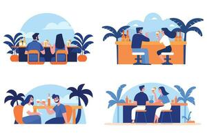 Hand Drawn couple having a drink at a bar by the sea in flat style vector