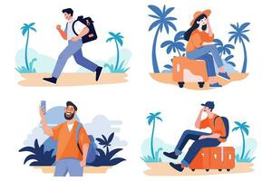 Hand Drawn Tourists relaxing by the sea on vacation in flat style vector