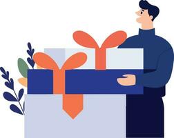 Hand Drawn man with gift in the concept of gift giving in flat style vector