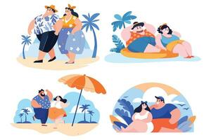 Hand Drawn overweight Tourists relaxing by the sea on vacation in flat style vector