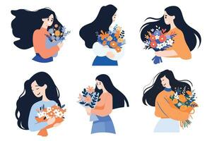 mano dibujado mujer con flores en el concepto de mujer día en plano estilo vector