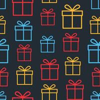 repeating pattern of colorful outline gift icons lined up randomly on dark blue background vector