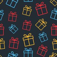 repeating pattern of random red, yellow and blue colored outline gift icons on dark blue background vector