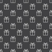 Simple repeating pattern of white outline gift icon on black background vector