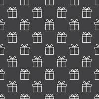 Simple repeating pattern of white outline gift icon on black background vector