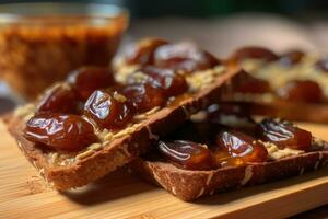 Saudi Arab Dates toast, macro shot of a fresh breakfast with Dripping Honey, AI Generated photo