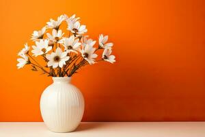 White flowers in a white vase with copy space on an orange background photo