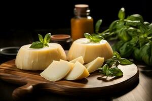 Smoked scamorza cheese displayed on a cutting board photo