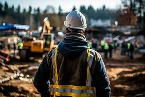 construcción trabajador o capataz supervisando ocupaciones a un construcción sitio foto