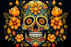 Illustration of a non-gradient AI10-compatible Dia de Los Muertos sugar skull with ornate decoration photo
