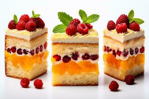 Tasty sponge cake isolated on white presented in a collage design photo