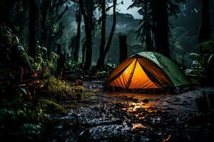 Rain on tent in forest tranquil night for peaceful camping and relaxing meditation in tropics photo