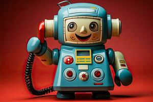 Toy robot holds a vintage rotary phone representing analog voice communication between telephone subscribers photo