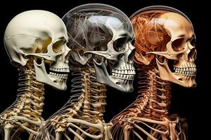un humano esqueleto representado en Tres diferente puntos de vista foto