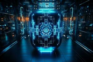 Cyber security and data protection concept with blue background locker implemented using advanced technology photo