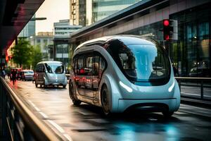 un autónomo eléctrico coche cambios carriles y adelanta un vehículo en el ciudad foto