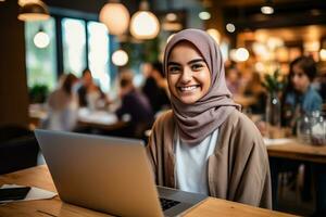 South Asian girl studying in college with diverse classmates listening to teacher using computer to learn IT skills photo